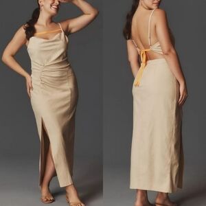 Anthropologie Ruched Slim Midi Dress with Tie Back in Khaki and Orange NWT